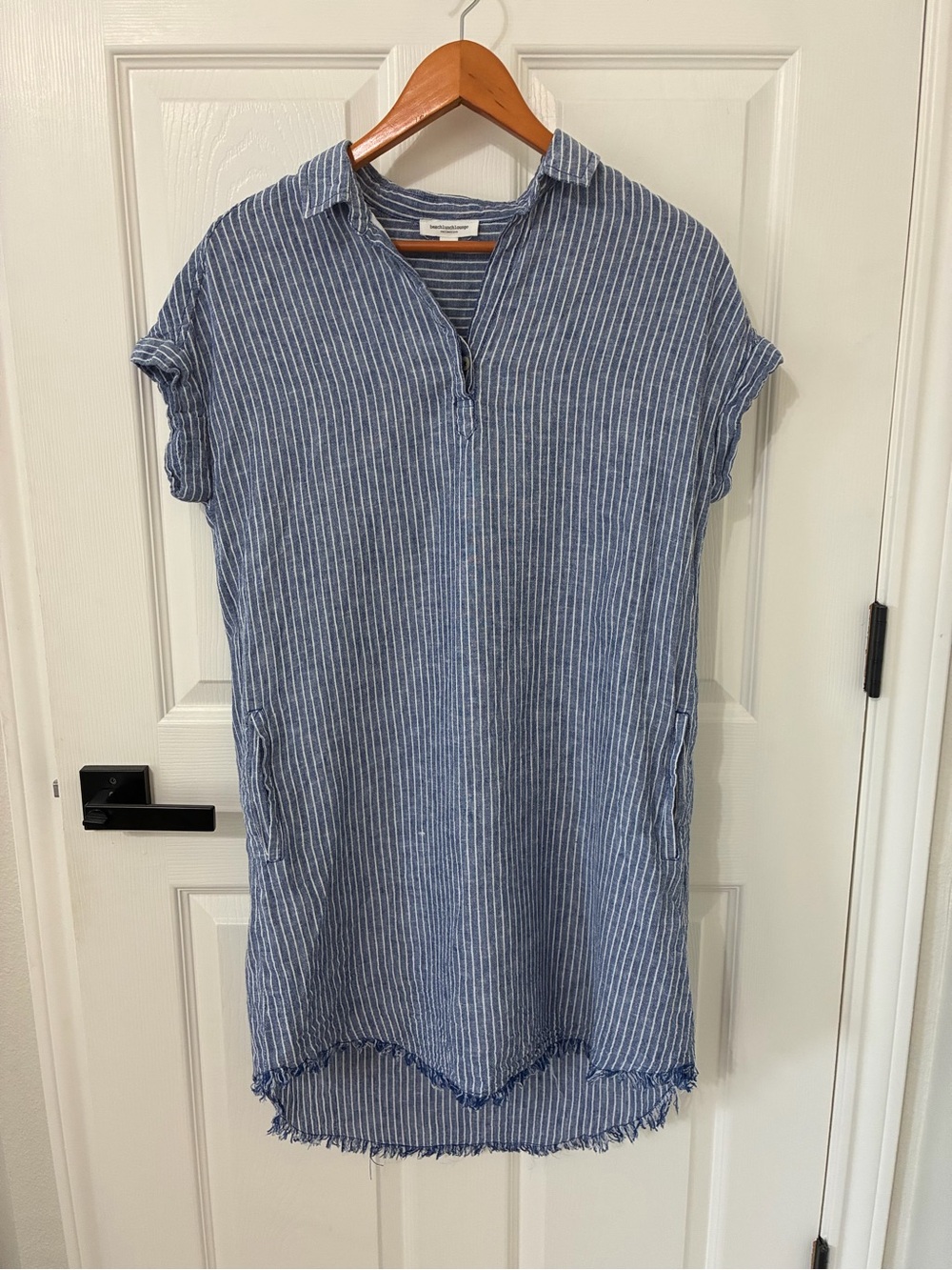 Beach lunch lounge Striped Blue Linen-Blend Short Sleeve dress, coastal, summer